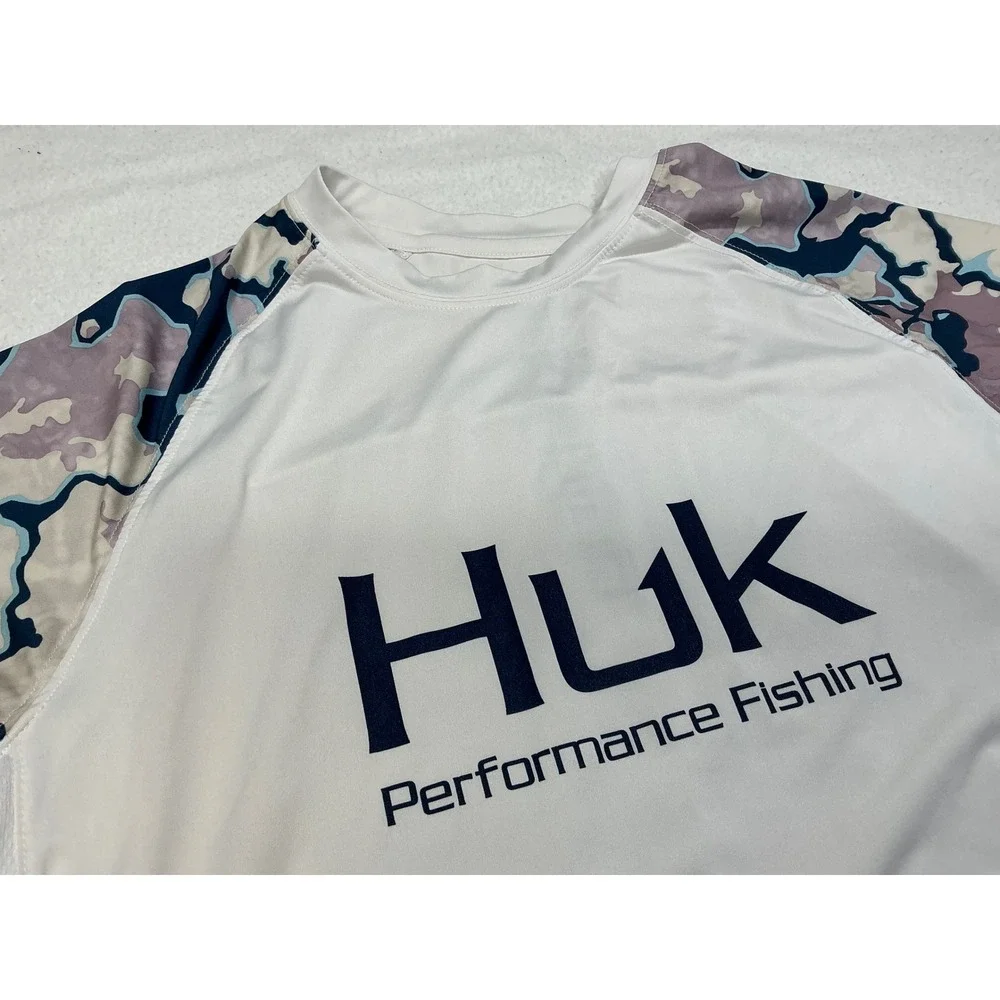 Huk‎ Performance Fishing Long Sleeve Rash Guard Shirt Men's Size M White Camo